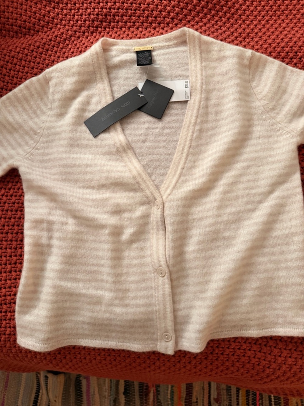 Magaschoni Cream Striped V-Neck Cashmere-Blend Cardigan